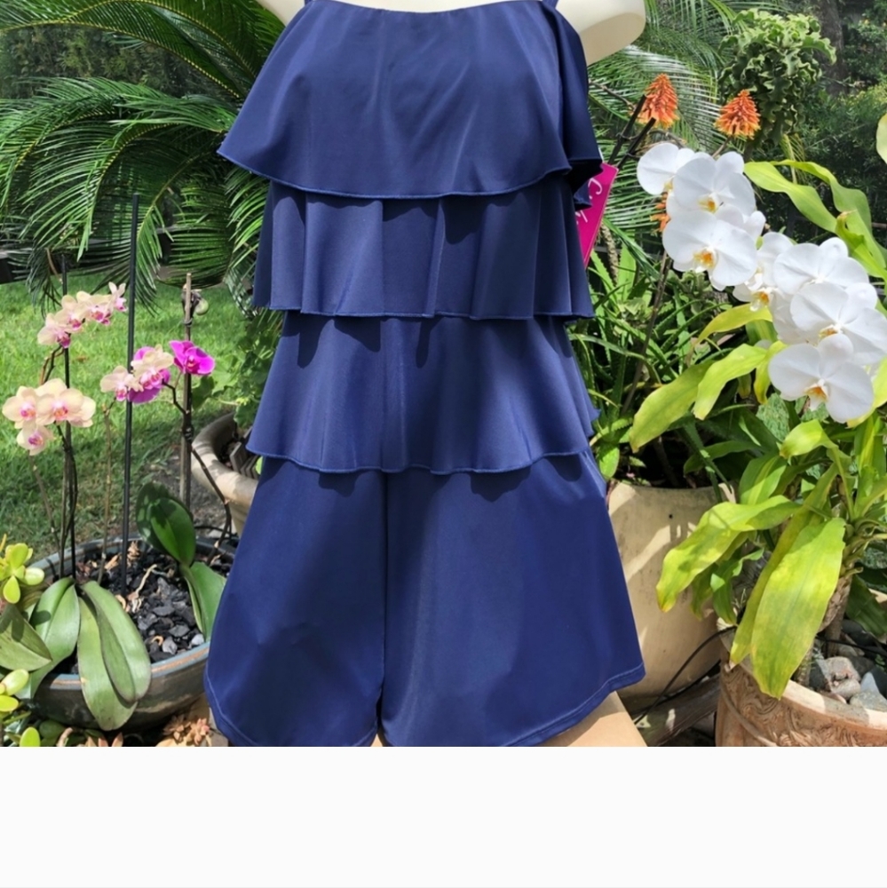 Fit for You Womens Plus Tiered Ruffle Modest Swimsuit Romper Coverup Cobalt Blue